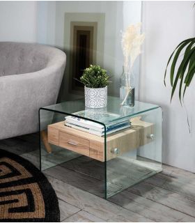 Mesita Auxiliar de cristal templado y cajón de madera SYDNEY II