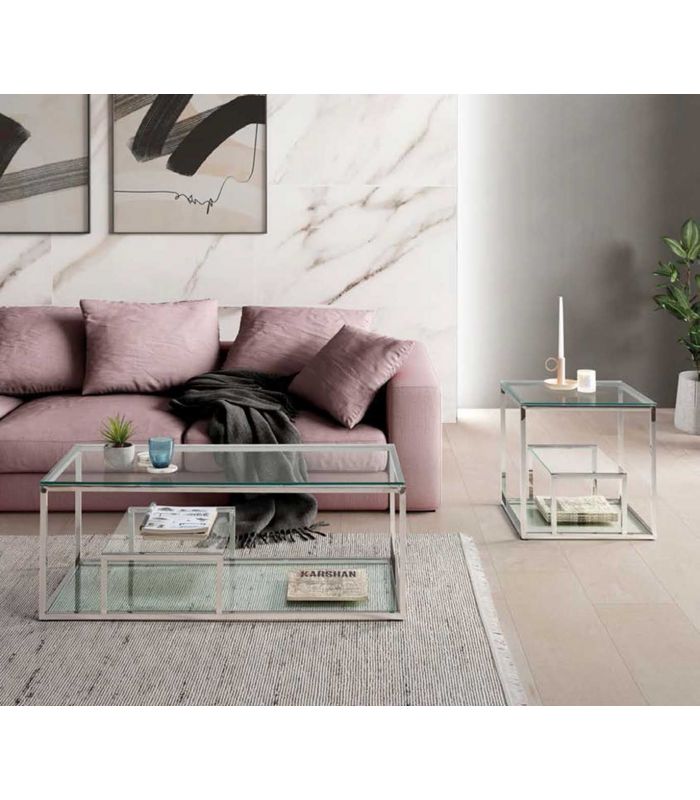 Mesa de rincón de acero y cristal transparente SEATTLE