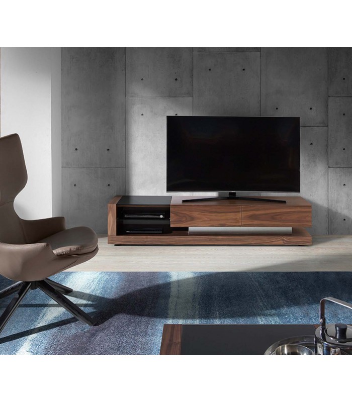 Mesa de televisión en madera de nogal y cristal negro VULCAN