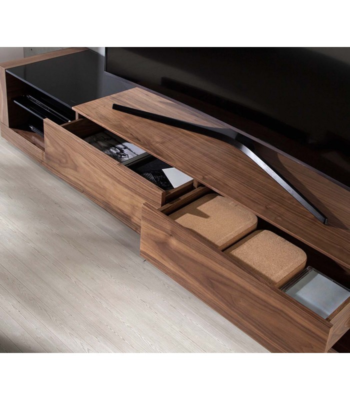 Mesa de televisión en madera de nogal y cristal negro VULCAN