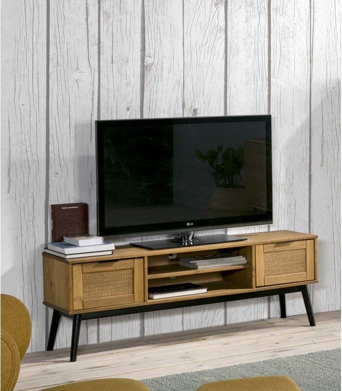 Mesa de televisión en madera de pino y ratán NATASHA