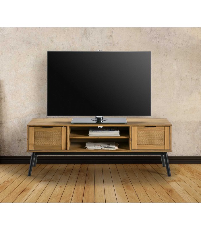 Mesa de televisión en madera de pino y ratán NATASHA