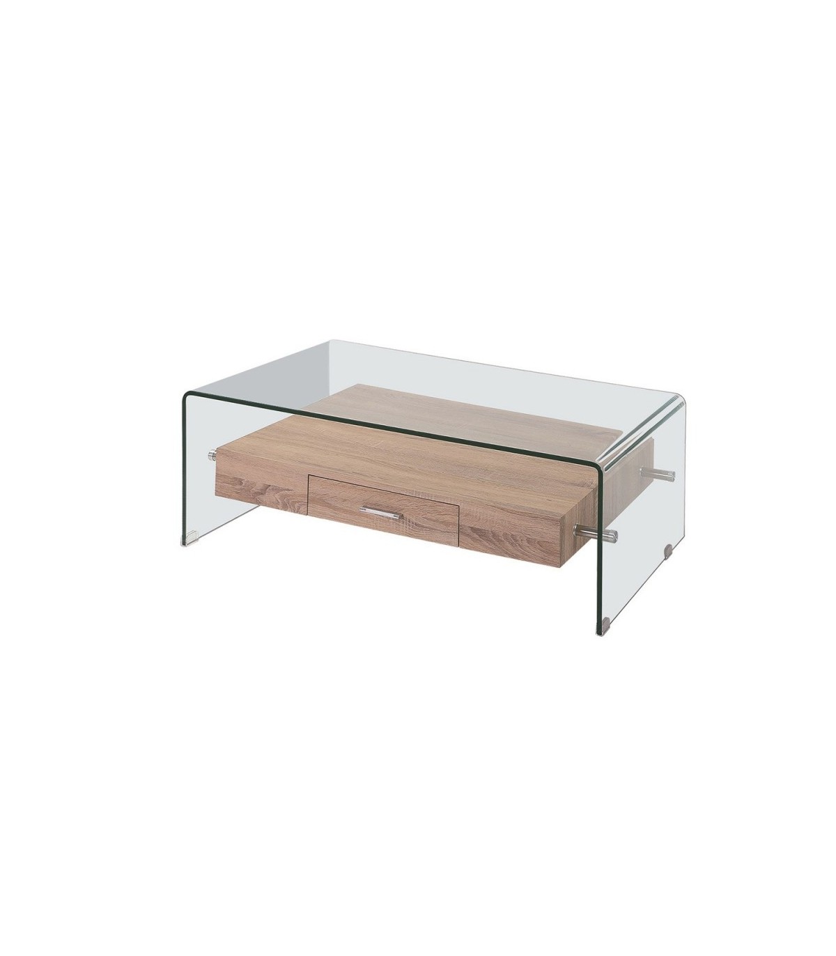 Mesa de centro realizada en cristal templado de 12 mm con estante de madera  con cajón