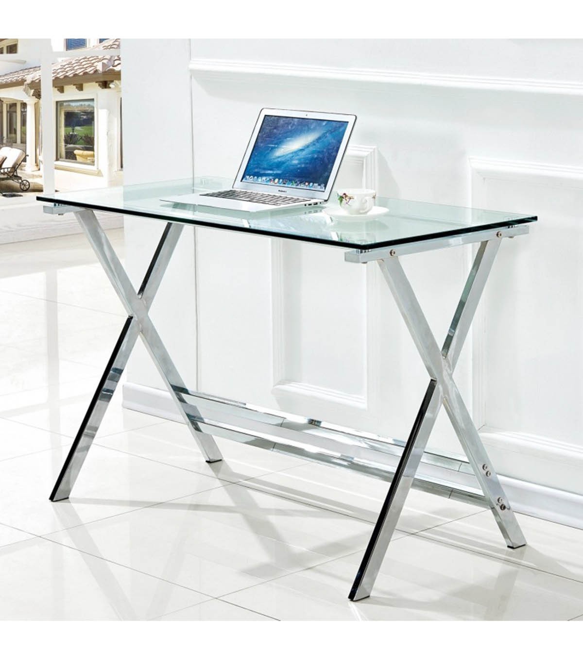 periscopio patrón Integral Mesa escritorio en metal cromado y cristal templado DELFOS