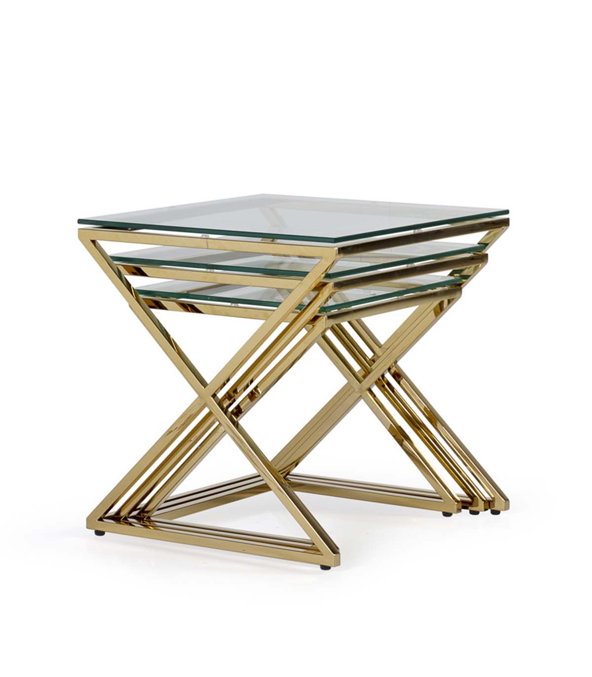 Set de 2 mesas nido cuadradas de aluminio dorado y patas de metal