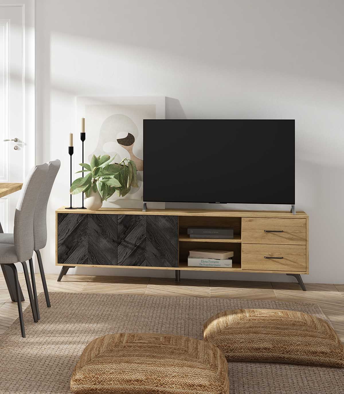 Mueble TV de madera Nogal y cristal tintado negro