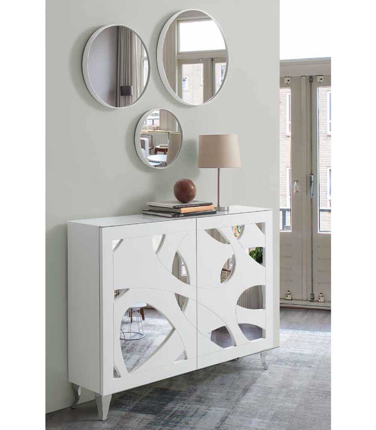 Mueble recibidor con cajón y espejo madera roble y blanco