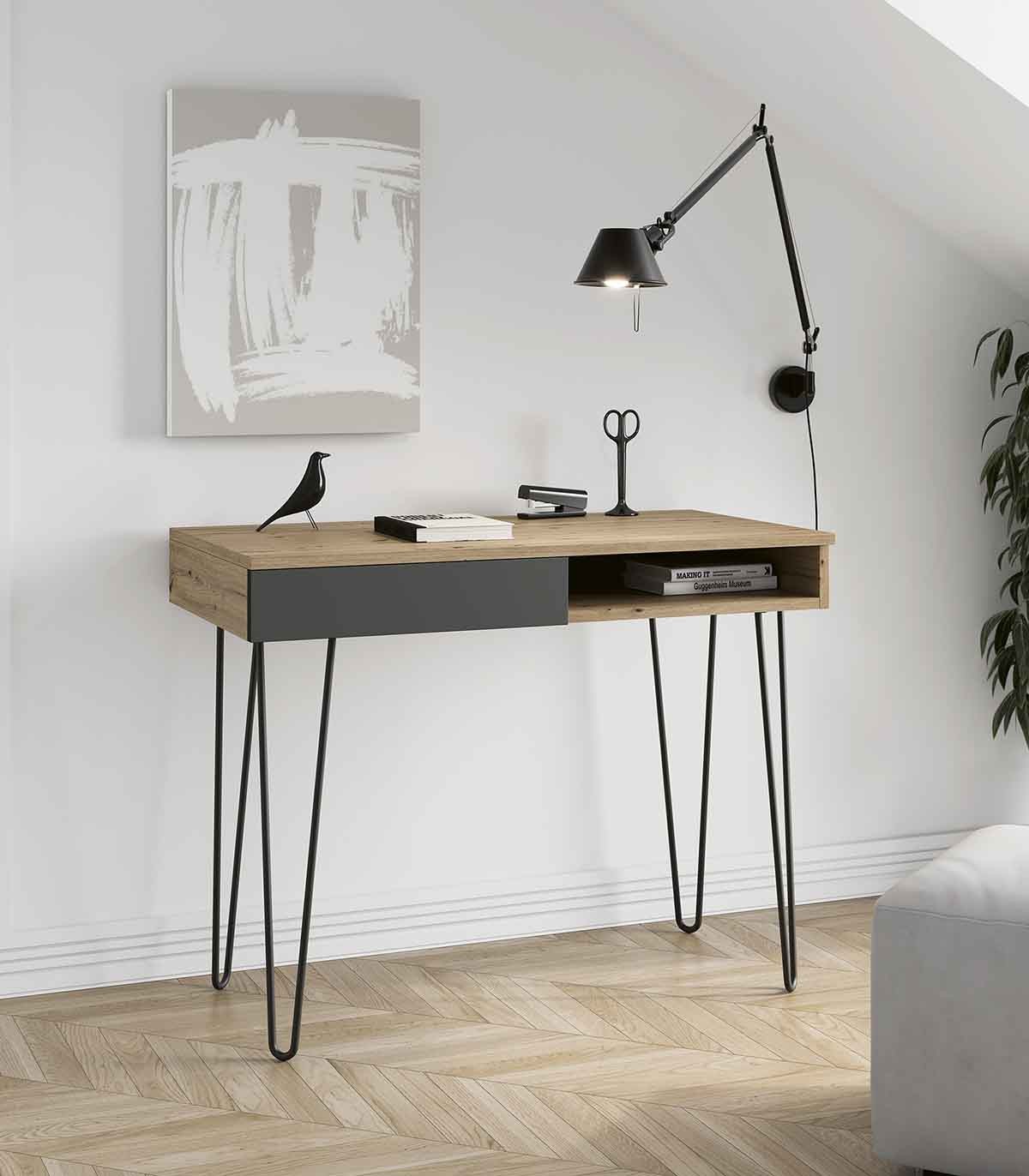 Mesa estudio con Tapa madera de roble natural y patas metálicas en blanco,  barata