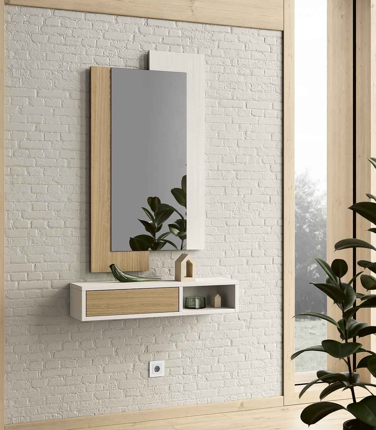 Recibidor de pared horizontal, 1 cajón, espejo colgante, balda