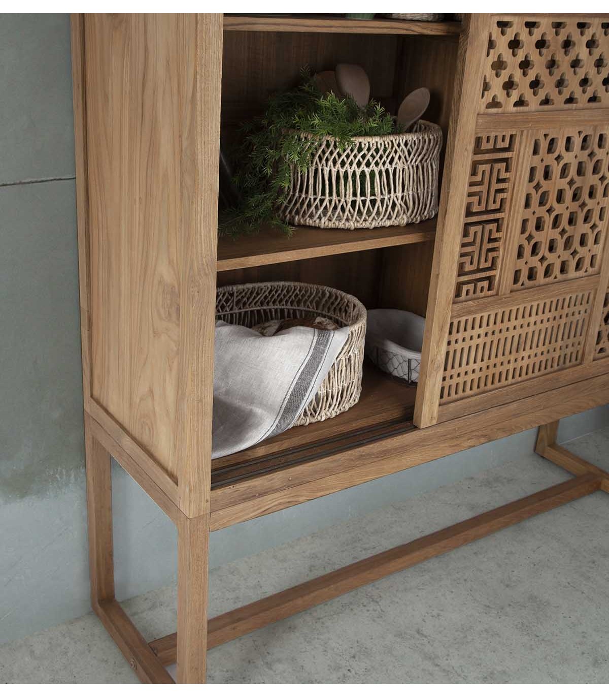 Mueble TV artesanal a medida en madera de teca estilo asiático