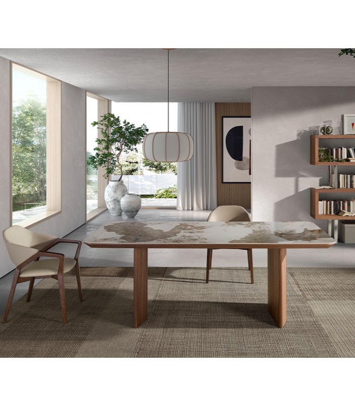 Mesa de comedor en madera y porcelánico SERNA