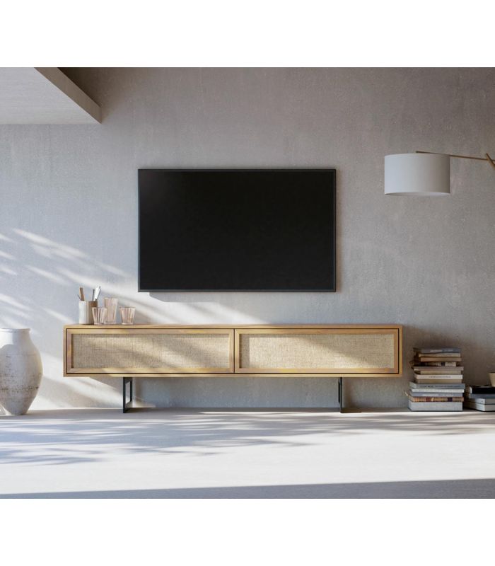 Mueble de televisión en madera y rafia natural MECA
