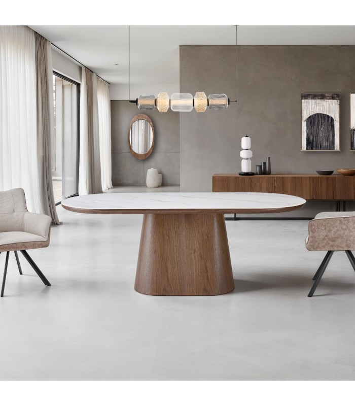 Mesa de comedor ovalada en nogal y porcelánico TELMA