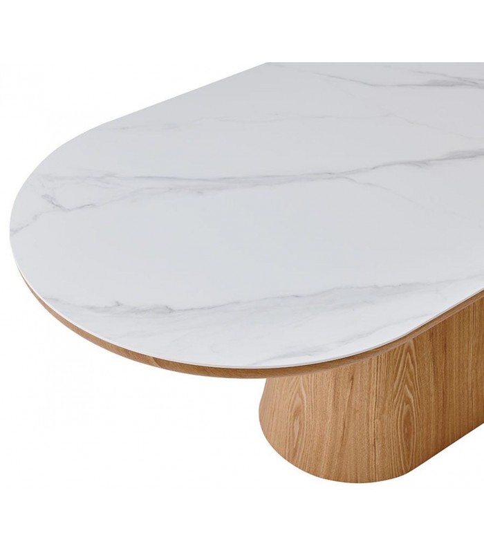 Mesa de comedor ovalada madera y porcelánico TELMA Roble