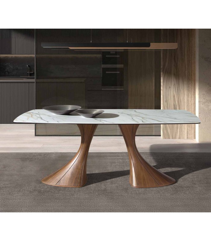 Mesa de diseño moderno en madera y porcelánico PÓRTICO
