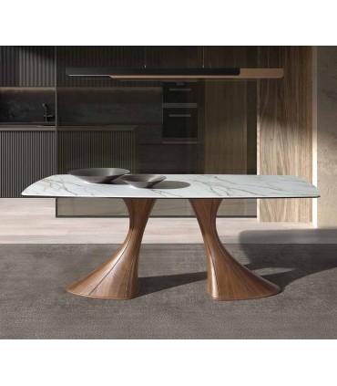 Mesa de diseño moderno en madera y porcelánico PÓRTICO