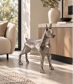 Escultura de Perro Geométrico de Hierro Plateado