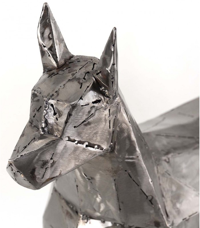 Escultura de Perro Geométrico de Hierro Plateado