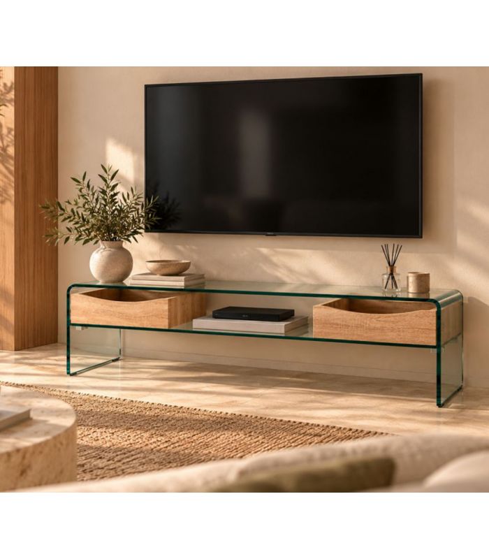 Mesa de televisión moderna en cristal y madera LIBRA
