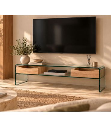Mesa de televisión moderna en cristal y madera LIBRA