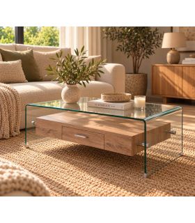 Mesa de centro de cristal templado y cajón de madera SYDNEY II