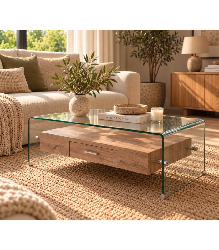 Mesa de centro de cristal templado y cajón de madera SYDNEY II