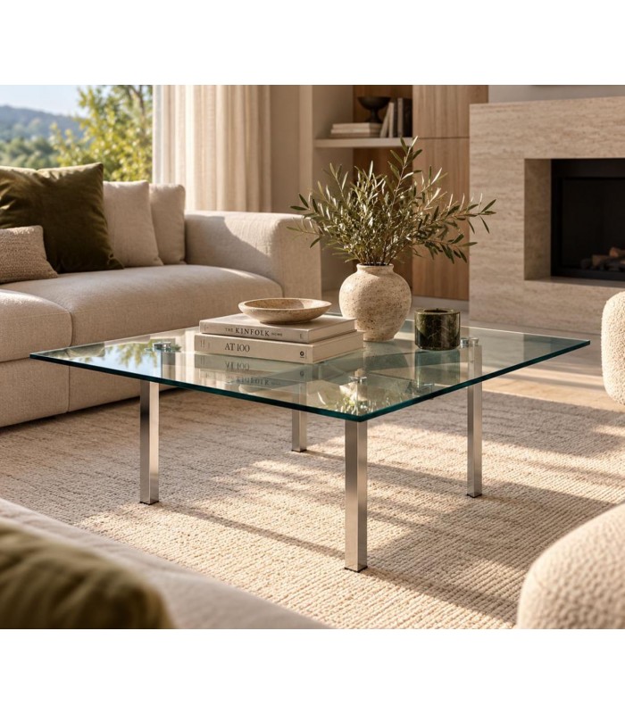 Mesa de centro cuadrada en acero y cristal templado AINHOA