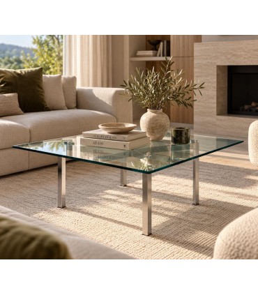 Mesa de centro cuadrada en acero y cristal templado AINHOA