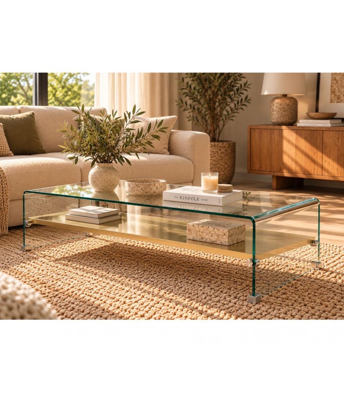 Mesa de centro en cristal templado y bandeja de acero POITIERS