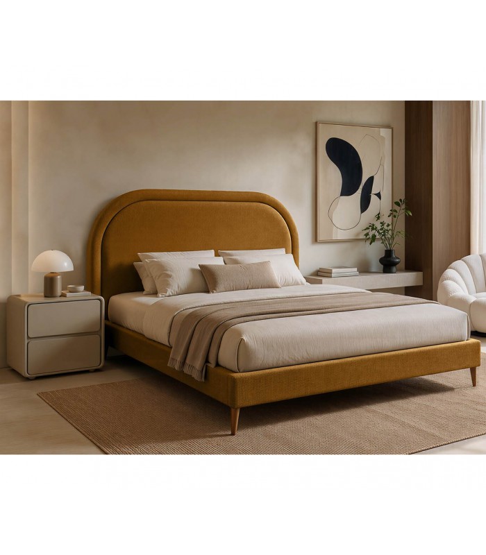 Cama tapizada con somier y cabecero curvo AUREA