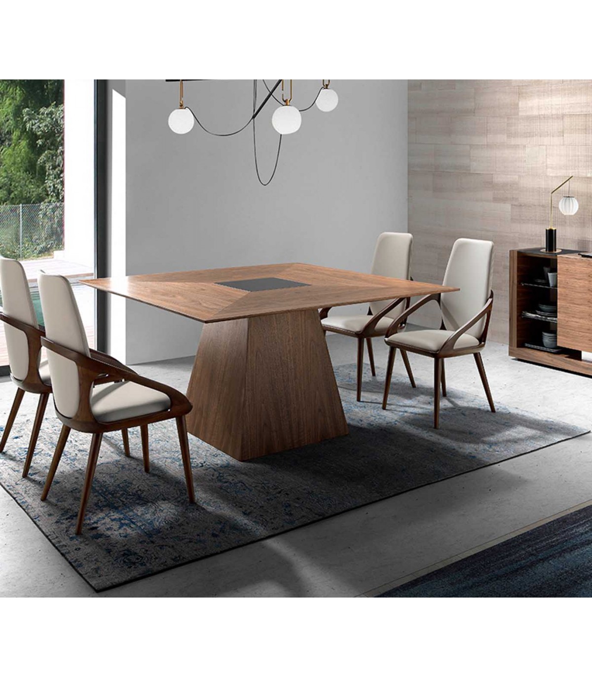 Mesa cuadrada fija PRISMA de nogal con detalle central de cristal negro