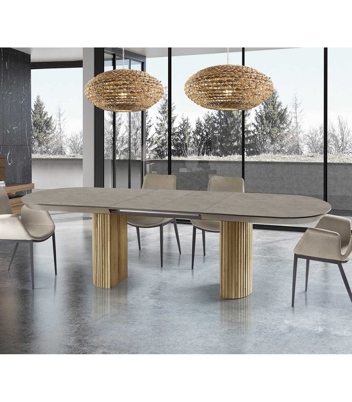 Mesa extensible IRATI Schuller, de 206 a 283 cm, con acabado piedra mate y patas acanaladas