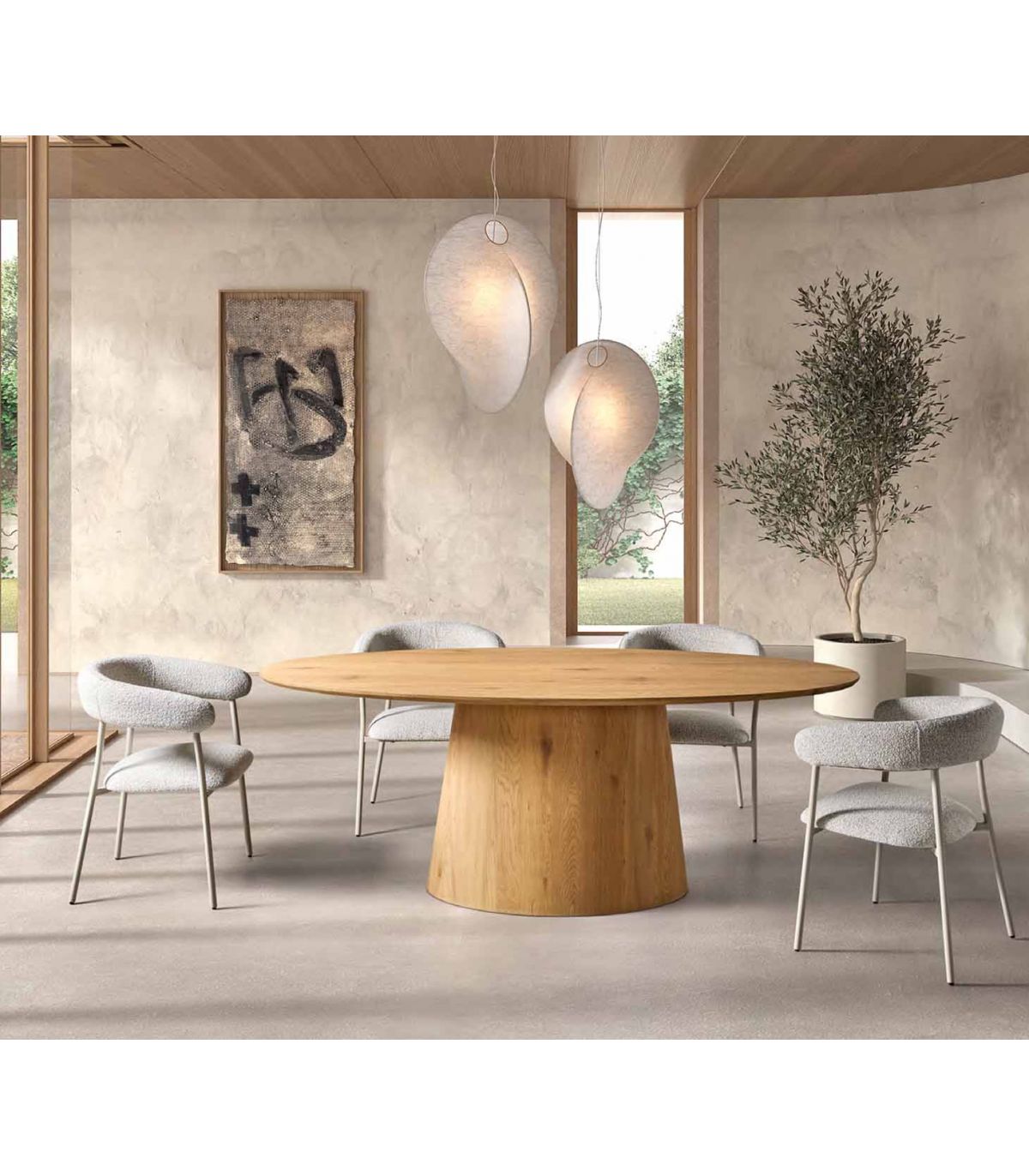 Mesa ovalada ISLANDIA de madera de roble, de 200 por 100 cm, con base cónica central