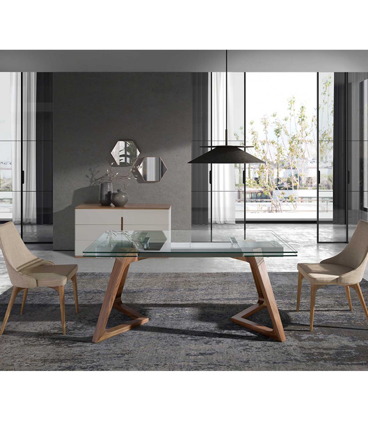 Mesa de comedor rectangular extensible DELTA de cristal y nogal